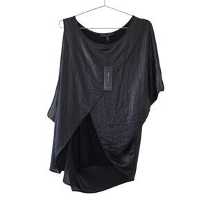 BCBGMAXAZRIA Elodie Black Asymmetrical Drape Top Women Size L Sleeveless Layered